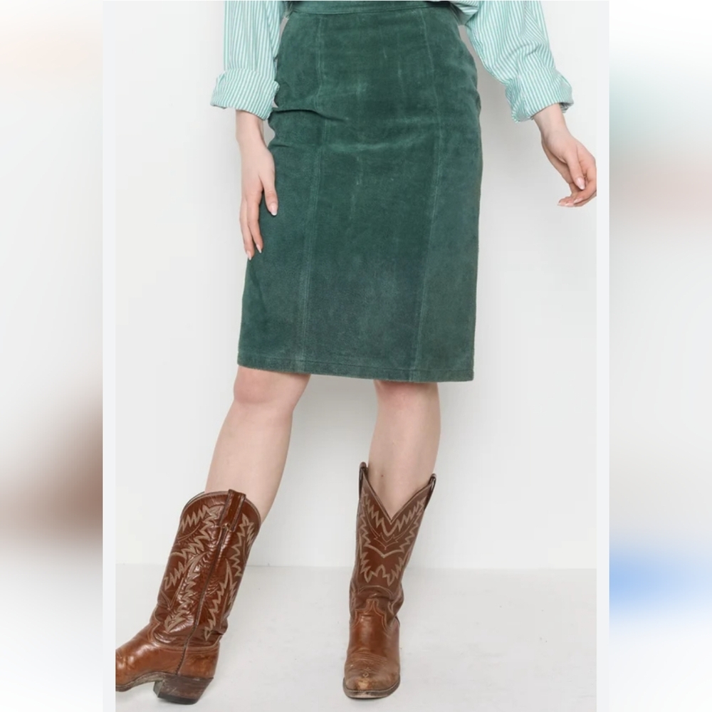 TAYLOR 80s Forest Green Suede Pencil Skirt